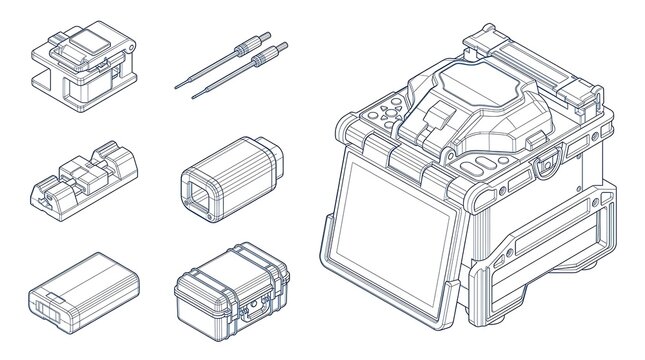 Fiber optic fusion splicer kit isometric line art illustration set for telecommunications equipment