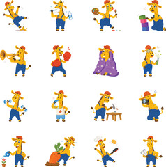 Fototapeta premium Creative giraffe professions, hobbies, sports, home activities, and artistic skills illustrated as colorful cartoon vector icons. 
