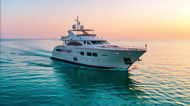 Cruising luxury vessel moves through turquoise water during sunset, wealthy cruise lifestyle with large white boat in open ocean, elegant ship navigates peaceful sea waves at warm beautiful twilight