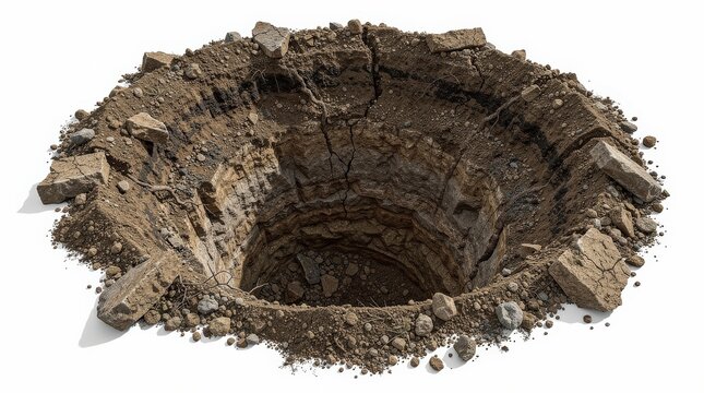 A large, circular crater with rough, cracked soil and rocks exposed, creating a deep hole in the ground.