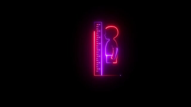 Minimal glowing neon child height measurement icon animation isolated on a black background. Modern line-style animation featuring a kids growth chart and height scale symbol. Ideal for healthcare