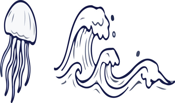 Stylized drawing depicts a single jellyfish with flowing tentacles alongside a series of dark blue ocean waves breaking.