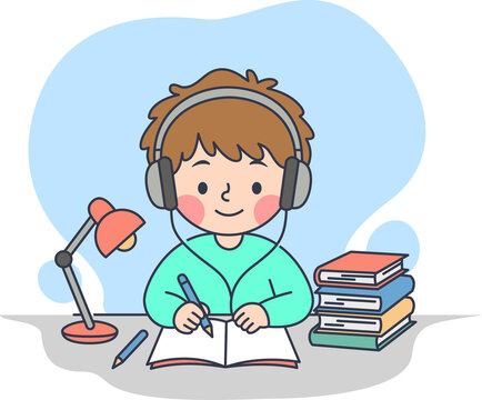 Child with Headphones Studying Books and Writing with Lamp