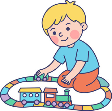 Child Playing with Toy Train Set Colorful Illustration