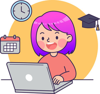 Happy Student Learning Online with Laptop and Graduation Cap Nearby