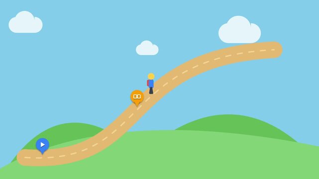 Animated journey progress of a cartoon character on road