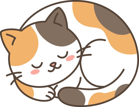 Cute Calico Cat Sleeping Curled Up in a Ball with Closed Eyes and Pink Cheeks