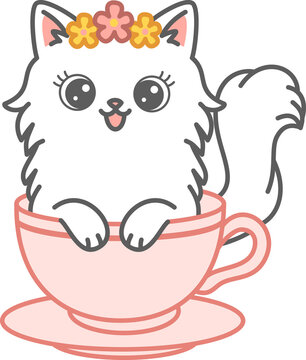 Cute White Cat with Flower Crown Sitting in a Pink Teacup