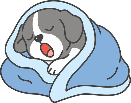 Adorable Illustration of a Cute Puppy Sleeping Soundly Wrapped in a Cozy Blue Blanket