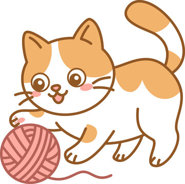 Cute Orange and White Kitten Playing with a Ball of Yarn Illustration