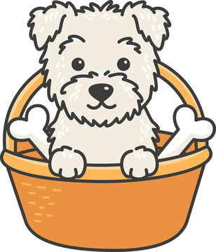 Cute White Dog Sitting in Basket with Bone Illustration for Kids