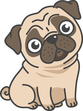 Cute Cartoon Pug Dog Sitting Looking Up with Big Eyes and a Tilt to Its Head