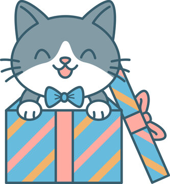 Cute Cartoon Cat Peeking Out of a Gift Box Wearing a Blue Bow Tie