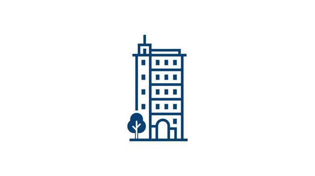 A simple blue line icon of a tall office building with a small tree