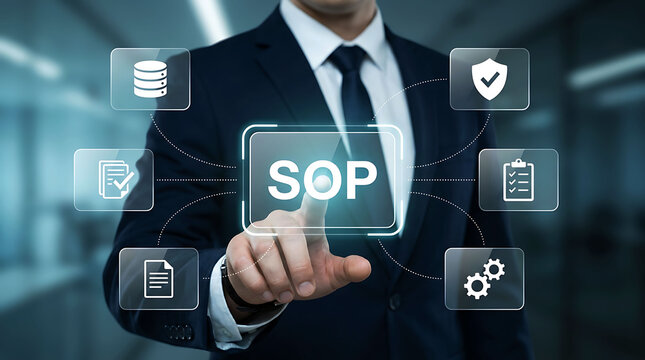 Businessman pointing at SOP standard operating procedure button on screen