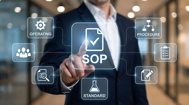 Businessman pointing at SOP standard operating procedure virtual screen