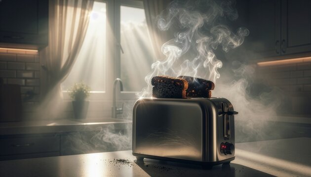 Burnt toast smoking heavily in toaster.