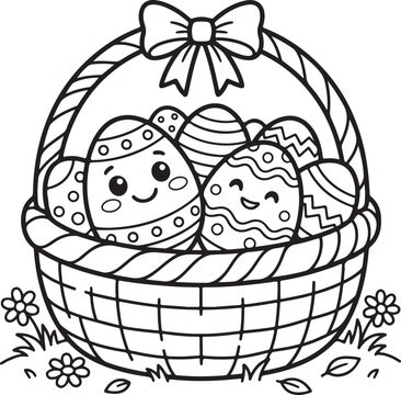 Cute cartoon easter basket full of decorated eggs coloring page for kids vector illustration