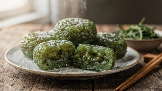 Soft glossy mugwort sticky rice cakes on vintage ceramic dish, warm wormwood glutinous rice dessert with fresh mugwort leaf side plate, natural window light food still life