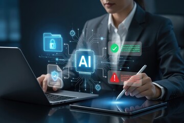 Fototapeta premium Business person using artificial intelligence technology with digital icons for data security and cyber management on a tablet and laptop in office