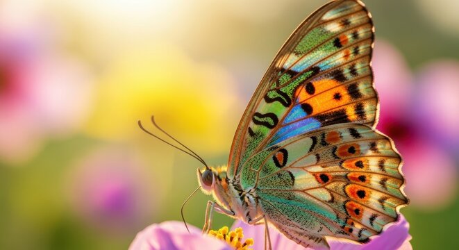 Close-up of a colorful butterfly perched on a flower petal