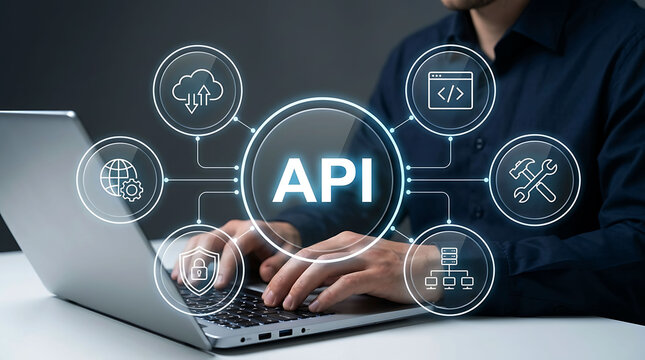 Developer working on API integration and software development on laptop