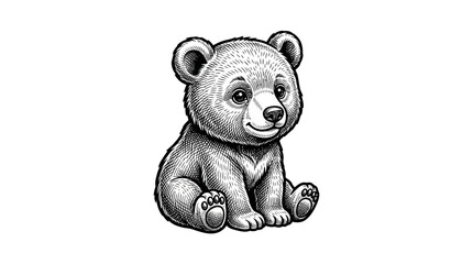 Adorable sitting bear cub in hand-drawn etching style. © reva