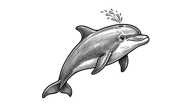 Leaping dolphin with water spray in vintage sketch style.