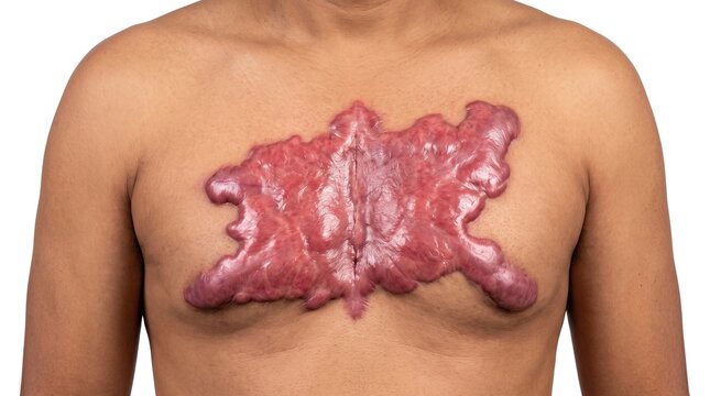 Large butterfly shaped hypertrophic keloid scar on male chest after severe trauma