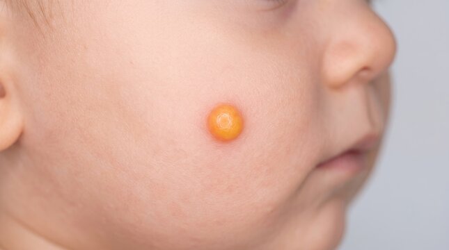 Close up side view of young baby cheek with xanthogranuloma yellow skin nodule