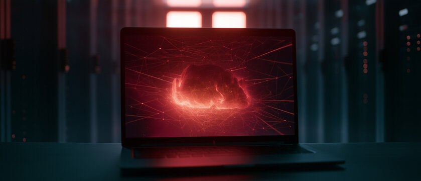 Digital Anomaly on Laptop: An open laptop displays a mesmerizing, fiery digital anomaly, casting an intense red glow upon the futuristic, dimly lit environment.