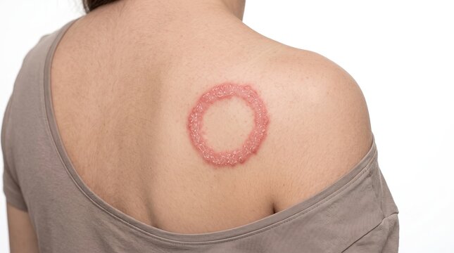 Large circular ringworm infection tinea corporis plaque on woman shoulder blade