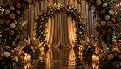 Fototapeta premium Elegant Wedding Ceremony Archway with Candlelit Aisle