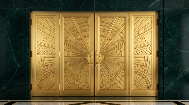 Luxurious Art Deco golden double doors with intricate sunburst patterns set in dark green marble wall, perfect for grand hotel entrance or upscale ballroom interior
