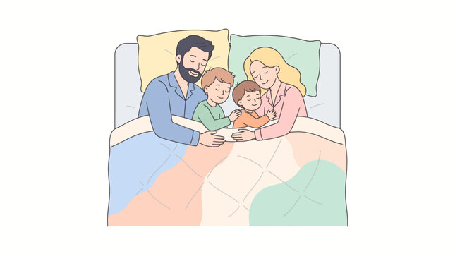 Family bonding in bed together at night.