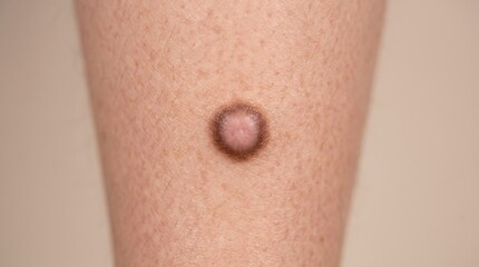 Fototapeta premium Close up of skin on leg with a raised brownish plaque of seborrheic keratosis