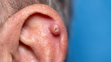 Fototapeta premium Close up of senior person ear concha with an ulcerated basal cell carcinoma nodule