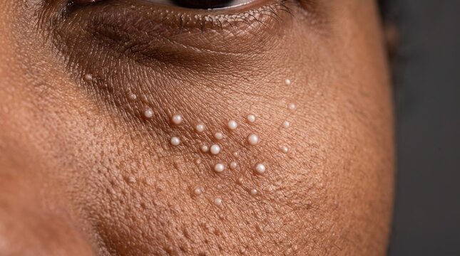 Close up of ethnic skin eye area affected by multiple yellowish sebaceous hyperplasia papules