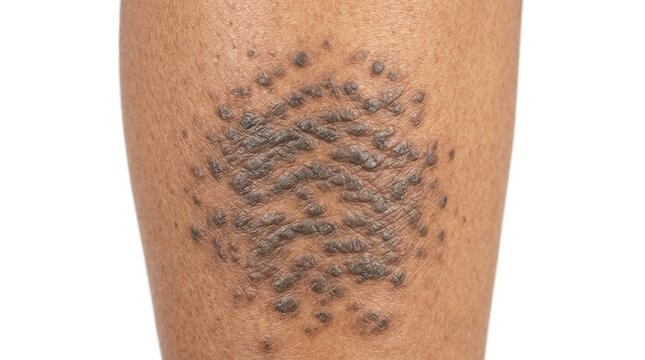 Close up of ethnic skin leg with a large hyperpigmented verrucous plaque of lichen simplex chronicus