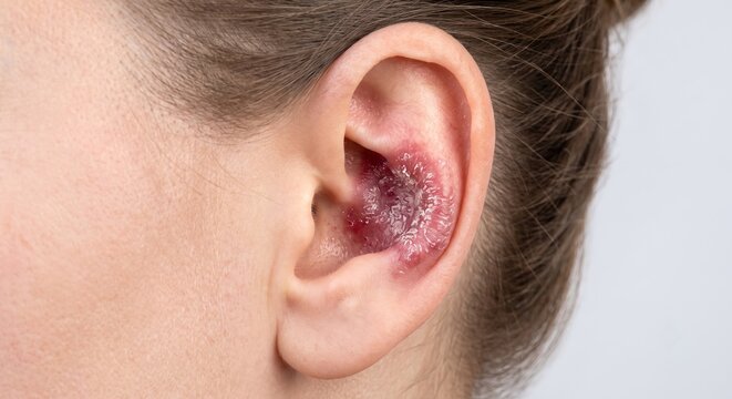 Close up of female ear concha affected by scaly red plaques of discoid lupus erythematosus