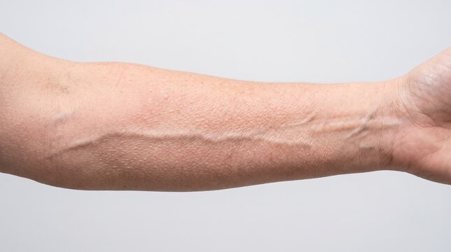 Inner forearm skin showing a prominent red cord like line from superficial thrombophlebitis