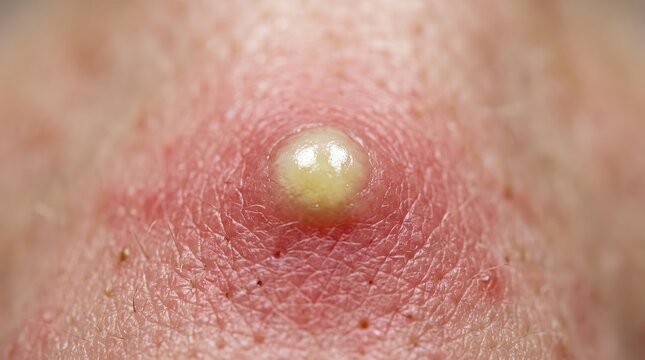 Extreme macro close up of a painful inflamed acne pustule filled with yellowish pus