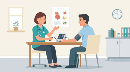 Fototapeta premium Doctor checking patient's blood pressure in clinic, healthcare checkup illustration