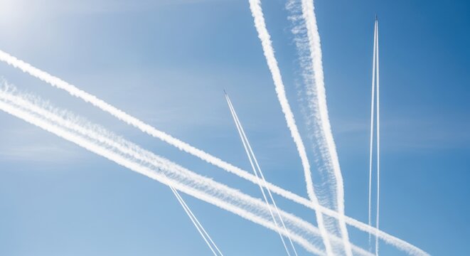 Multiple airplane contrails forming patterns in a clear blue sky