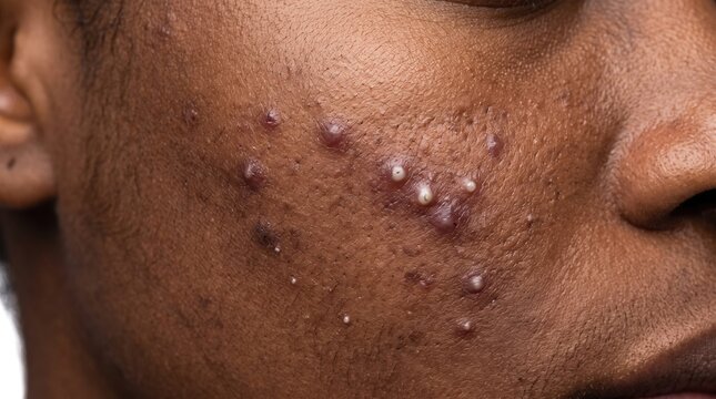 Close up of dark skin cheek with severe inflamed acne vulgaris and whiteheads