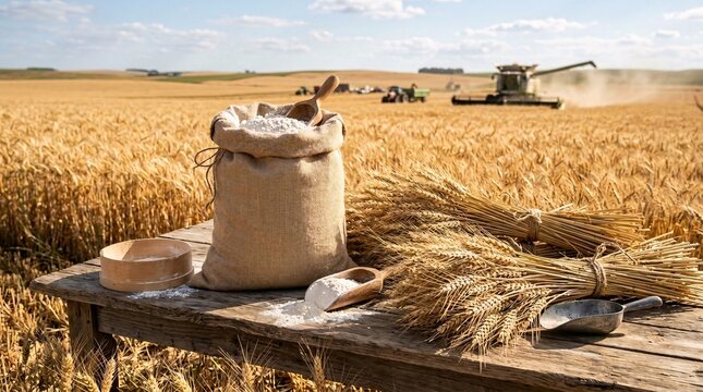 Burlap sack of flour and raw wheat spikes on a wooden surface with a combine harvester actively working in a sunny golden field.