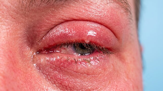 Extreme close up of severely swollen red eyelid affected by blepharitis inflammation