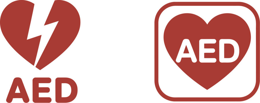 AED emergency medical icon banner, automated external defibrillator symbol representing cardiac rescue equipment for hospital safety, emergency preparedness, public health awareness, 