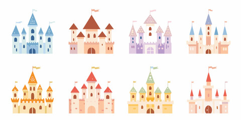Colorful Castles Illustration With Flags Arranged On White Background © Amrita