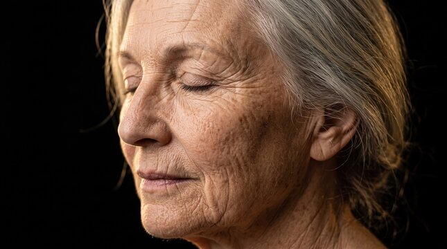 Close up side view of senior woman face with gray hair, deep wrinkles and age spots